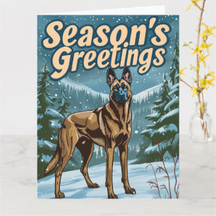 Tarjeta Malinois belga en Navidades de nieve