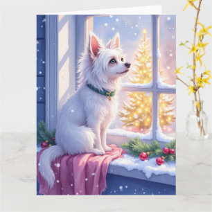 Tarjeta Maltés acogedor junto a ventana nevada Arte navide