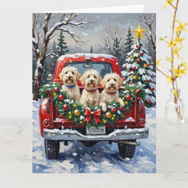 Tarjeta Maltese Christmas Red Truck Holiday (flor amarilla)