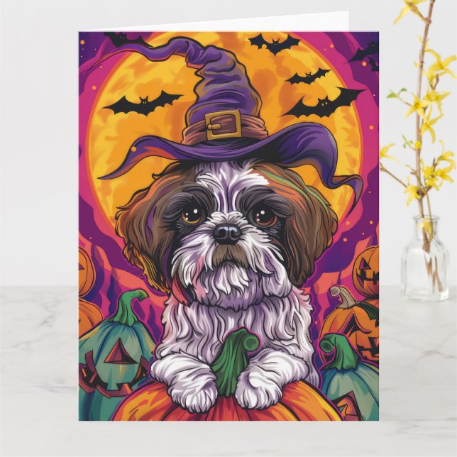 Tarjeta Malti Tzu Toky Perro Halloween Bruja Y Calabaza (flor amarilla)