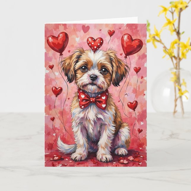 Tarjeta Malti Tzu Valentine Dog Sitting with Hearts Red (flor amarilla)