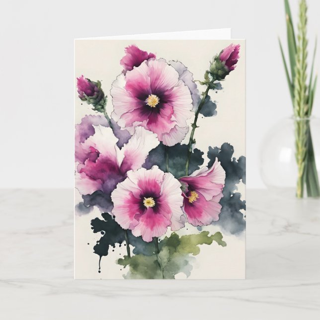 Tarjeta Malvarrosa - Flores de acuarela (Anverso)