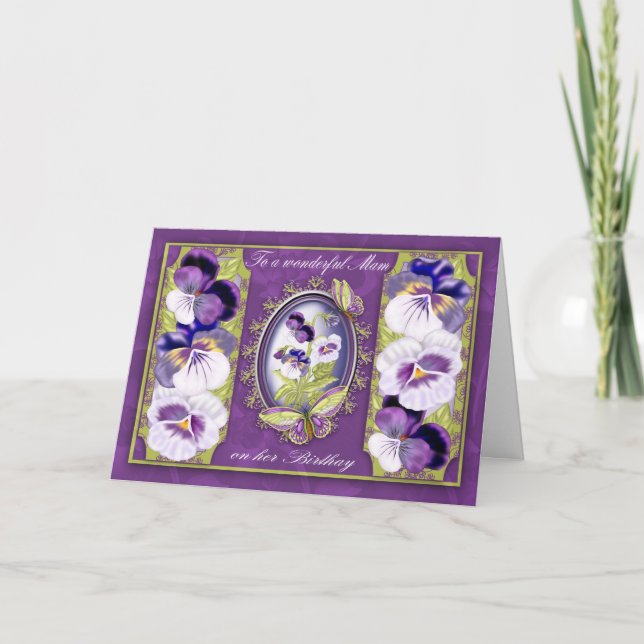 Tarjeta Mam Birthday Card Con Mariposas Y Pansies (Anverso)