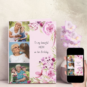 Tarjeta Mamá 3 Foto Cumpleaños Femenina De Flores Rosa
