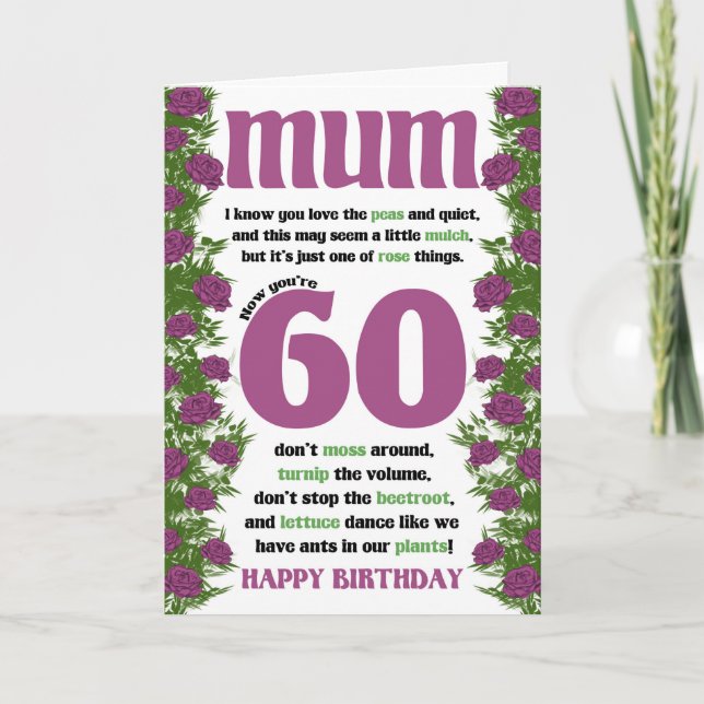 Tarjeta Mamá 60.º cumpleaños de Gardener Pun Wordplay (Anverso)