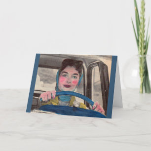 Tarjeta Mamá al volante de los años 50