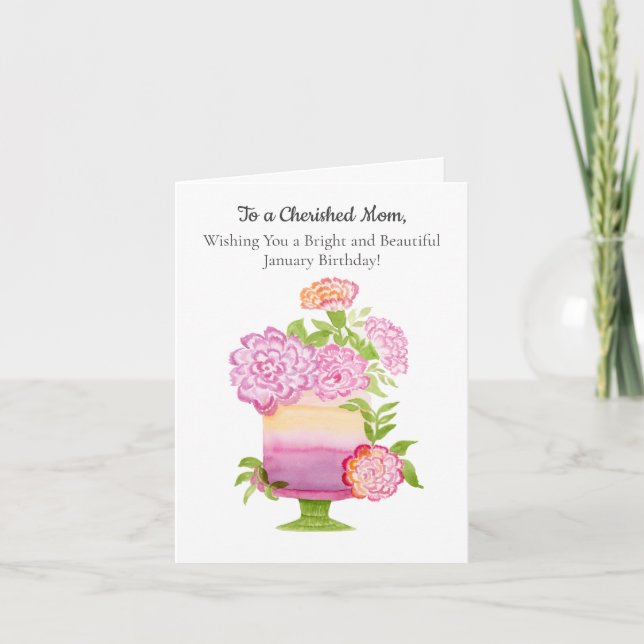 Tarjeta Mamá Carnaciones moradas en el pastel de cumpleaño (Anverso)