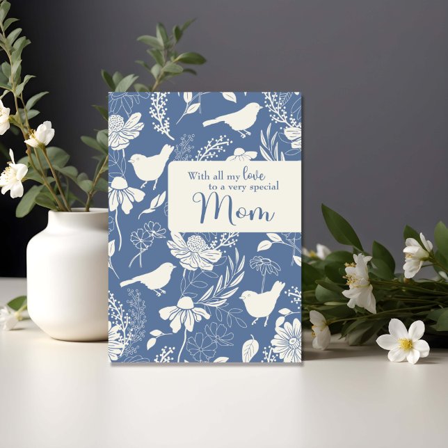 Tarjeta Mamá Cumpleaños Aves Azules y Flores (Subido por el creador)