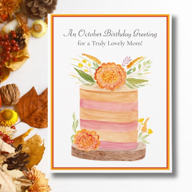 Tarjeta Mamá Cumpleaños de Octubre con Marigolds en Pastel (Subido por el creador)
