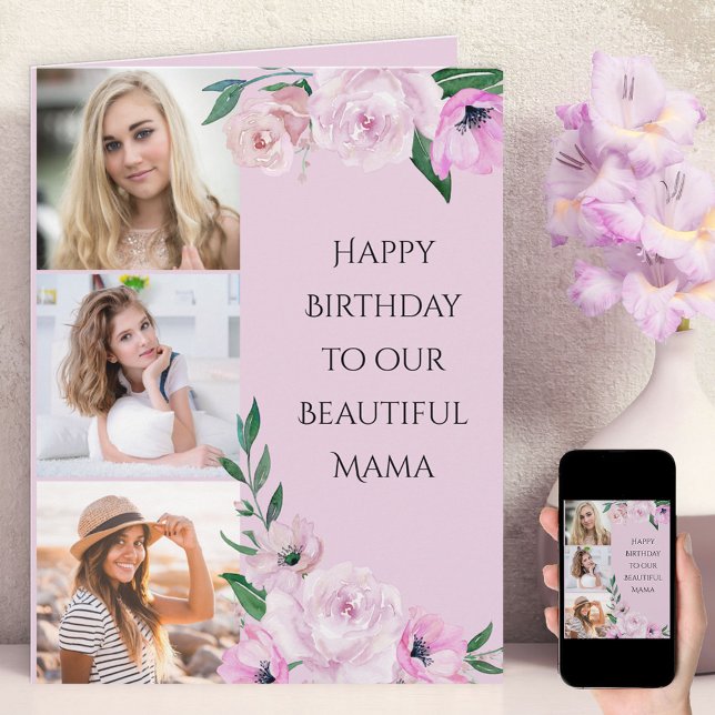 Tarjeta Mama Happy Birday 3 Photo Pink Floral (Subido por el creador)