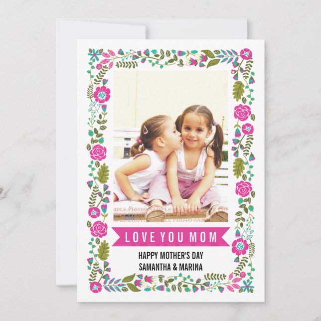 Tarjeta Mamá, Happy Mothers Day aqua, foto floral rosa cal (Anverso)