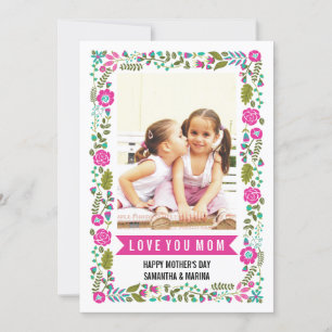 Tarjeta Mamá, Happy Mothers Day aqua, foto floral rosa cal