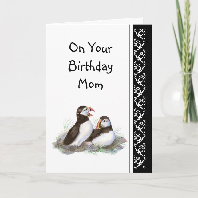 Tarjeta Mamá Humor y Amo Cumpleaños, Puffins. Pájaro (Anverso)