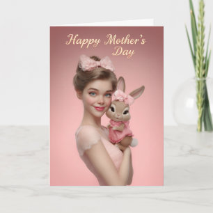 Tarjeta Mamá linda sosteniendo un conejito bebé Feliz Día 