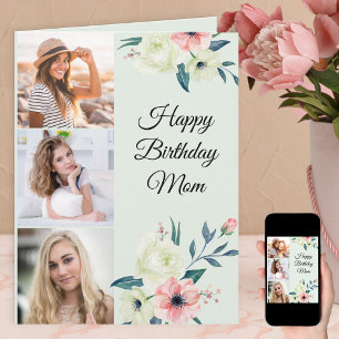 Tarjeta Mamá Mint y Floral Femenina Rosa 3 Fotos Cumpleaño