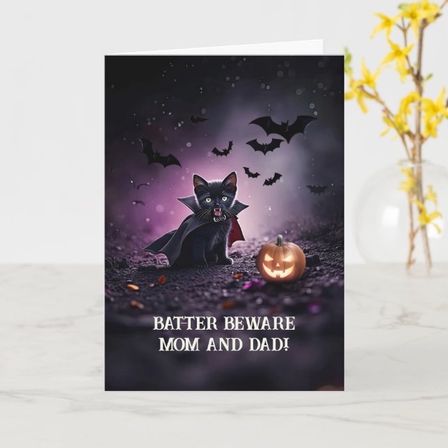 Tarjeta Mamá papá padres feliz gato negro de Halloween (flor amarilla)