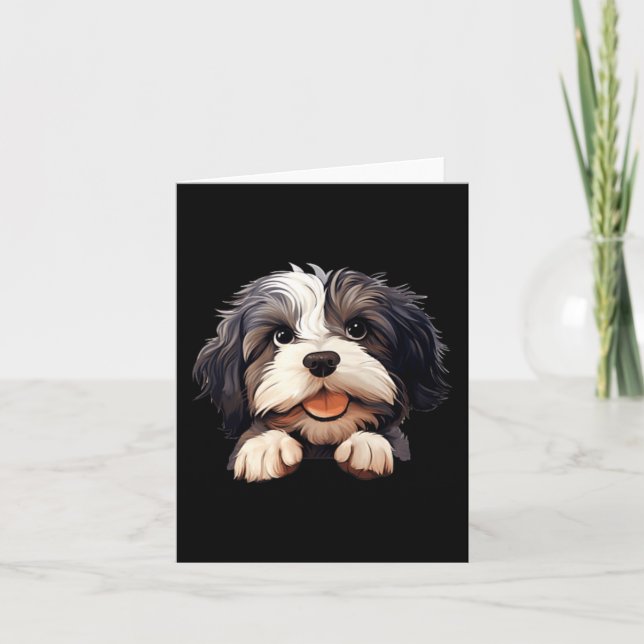 Tarjeta Mamá Perro Lowchen Papá Asomando Cachorro (Anverso)