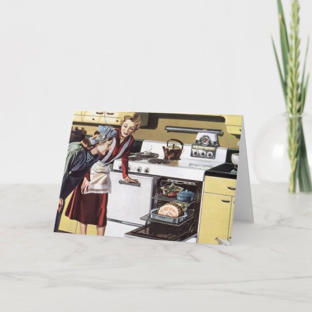 Tarjeta Mamá vieja en la cocina cocinando un jamón de Pasc (Anverso)