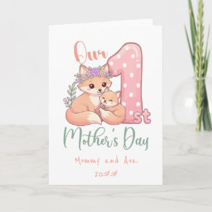 Tarjeta Mamá y Bebé Zorro Rosa 1er Día de las Madres