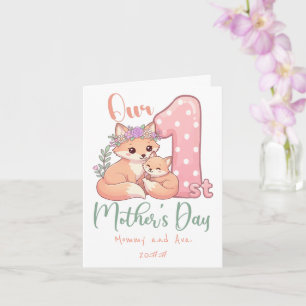 Tarjeta Mamá y Bebé Zorro Rosa 1er Día de las Madres