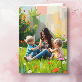Tarjeta Mamá y niños jugando | Día de la madre