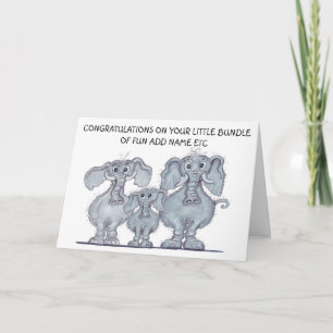 Tarjeta Mamá y papá con elefante bebé recién nacido