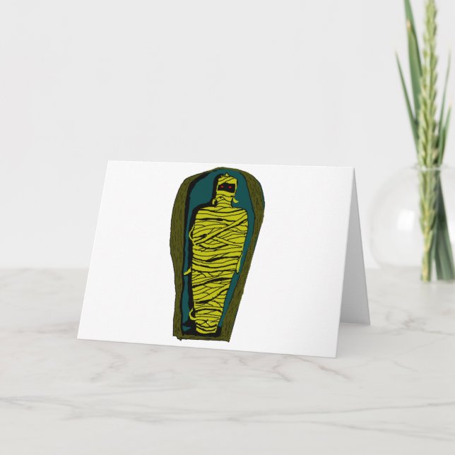 Tarjeta Mamita con ojos rojos dentro del Sarcófago egipcio (Anverso)