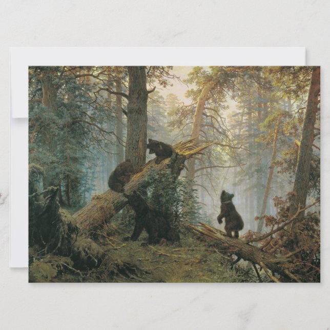 Tarjeta Mañana en un bosque de pinos (Osos en el bosque) (Anverso)