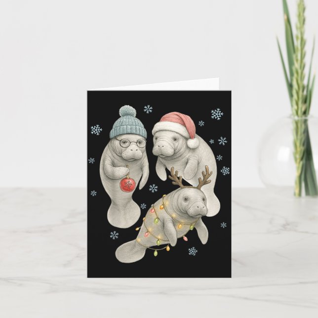 Tarjeta Manatee Christmas Manatee Santa Reindeer Lights Wo (Anverso)