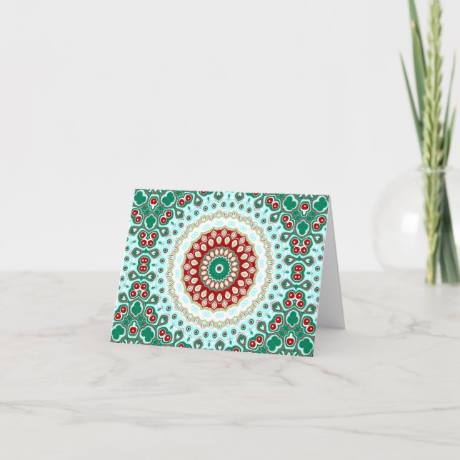 Tarjeta Mandala en rojo, verde y azul escarpado (Anverso)