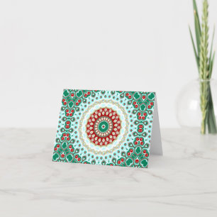 Tarjeta Mandalá Navideño en Rojo, Verde y Azul Escarchado