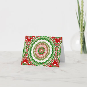 Tarjeta Mandalá Navideño en Rojo, Verde y Dorado Cálido