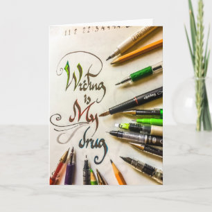 Tarjeta Manifiesto de escritor loco con lapiceros y lápice