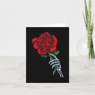 Tarjeta Mano de esqueleto sosteniendo rosa _ Flor roja est