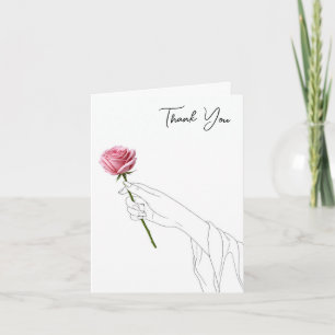 Tarjeta Mano que Agradece Sosteniendo una Rosa Rosa