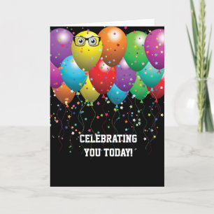 Tarjeta Manojo y confeti del globo del feliz cumpleaños