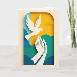 Tarjeta Manos en oración y paloma en vuelo