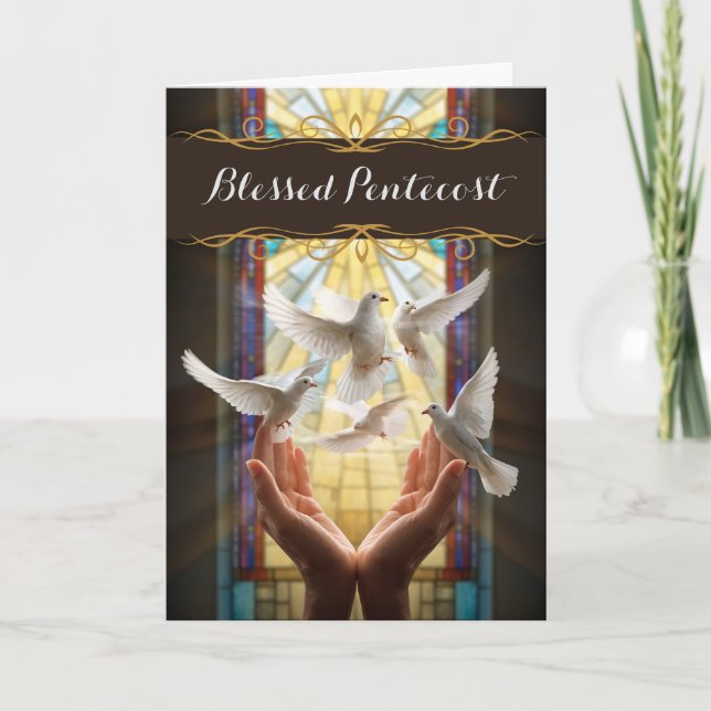 Tarjeta Manos orando Pentecostés Bendito con palomas blanc (Anverso)