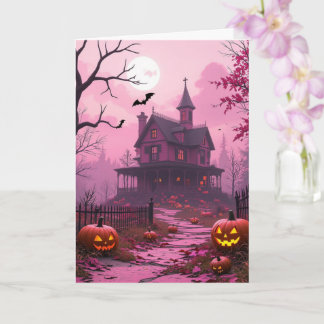 Tarjeta Mansión de Halloween en Fuchsia