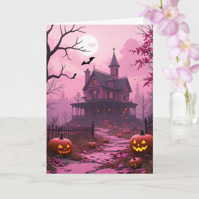 Tarjeta Mansión de Halloween en Fuchsia (Orquídea)