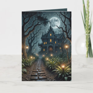 Tarjeta Mansión De Halloween Entusiasmada A La Luz De La L