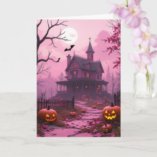 Tarjeta mansión de Halloween fucsia