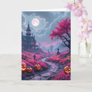 Tarjeta Mansión espeluznante de fucsia de Halloween