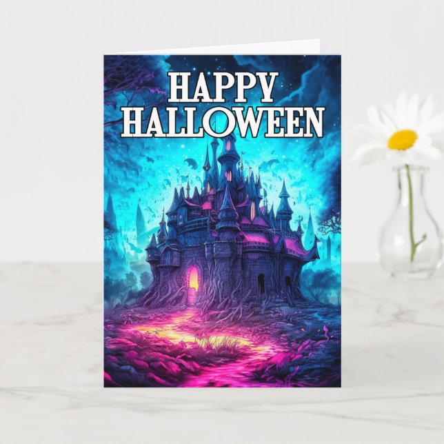 Tarjeta Mansión inquieta y embrujada | Feliz Halloween (Planta pequeña)