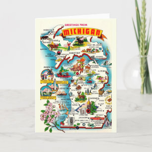 Tarjeta Mapa Colorido Antiguo de Michigan 