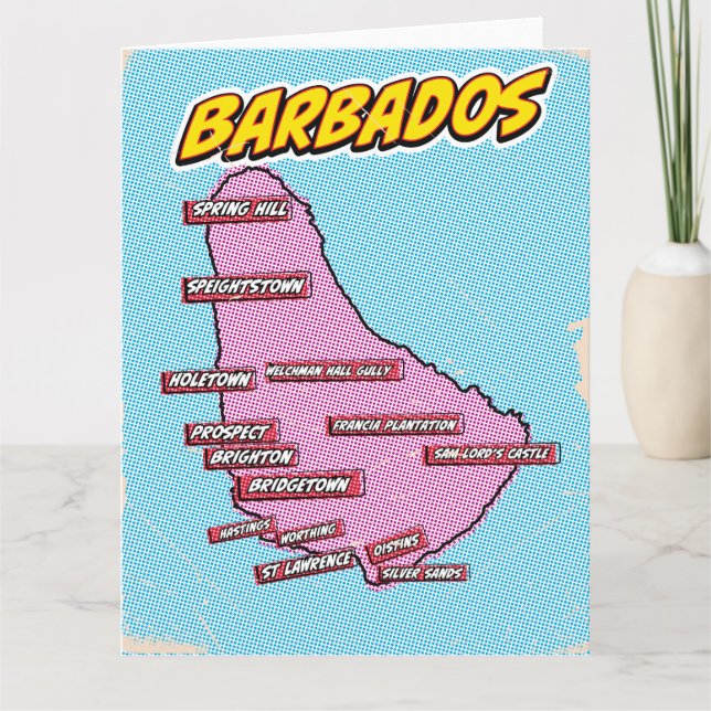 Tarjeta Mapa de Barbados ilustrado con arte pop (Anverso)