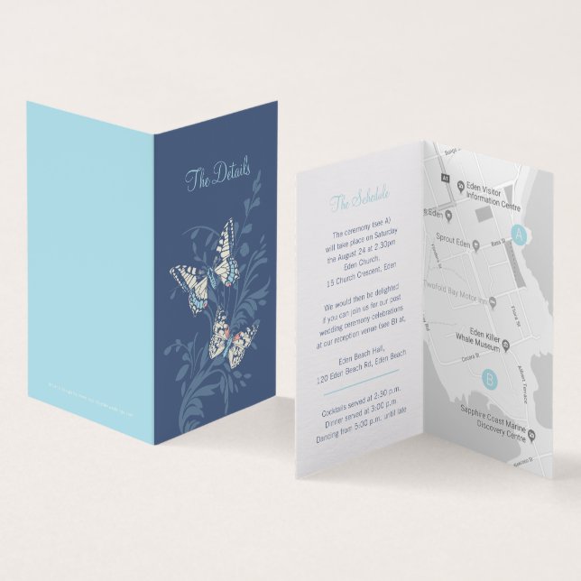 Tarjeta Mapa de la programación de detalles del boda azul  (Interior y exterior)