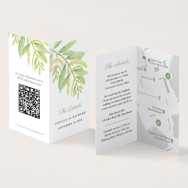 Tarjeta mapa de programación de eucalipto verde boda códig (Interior y exterior)