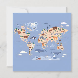 Tarjeta Mapa del Mundo de Animales Adorables