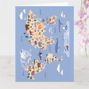Tarjeta Mapa del Mundo de Animales Adorables